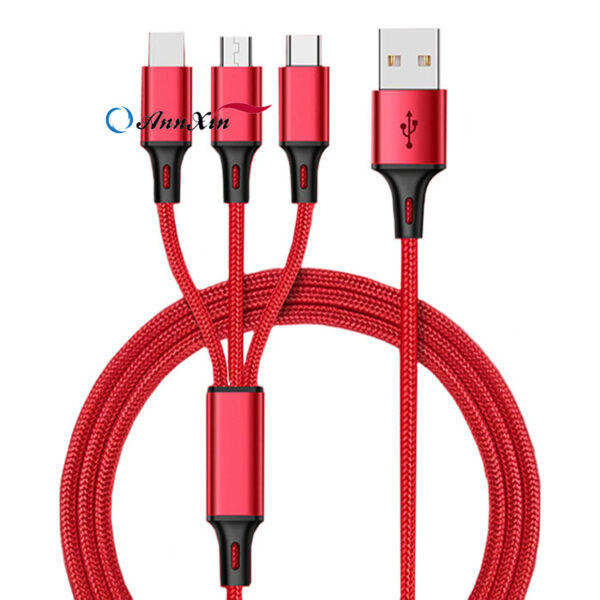 Nylon braided 3 in 1 usb charger cable micro usb 8pin type C fast charging data cable (4)