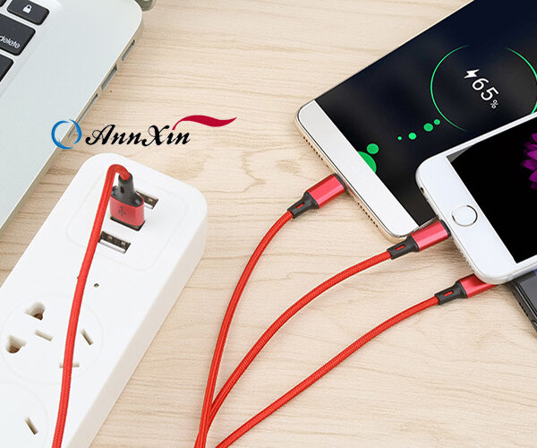 Nylon braided 3 in 1 usb charger cable micro usb 8pin type C fast charging data cable (7)
